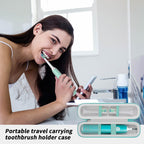Woman using an electric toothbrush beside the open white and teal case
