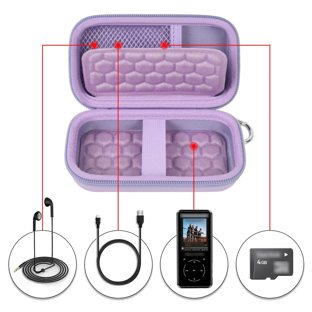 Open lavender MP3 and MP4 player case with molded padding, mesh pocket, and elastic straps