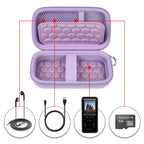 Open lavender MP3 and MP4 player case with molded padding, mesh pocket, and elastic straps