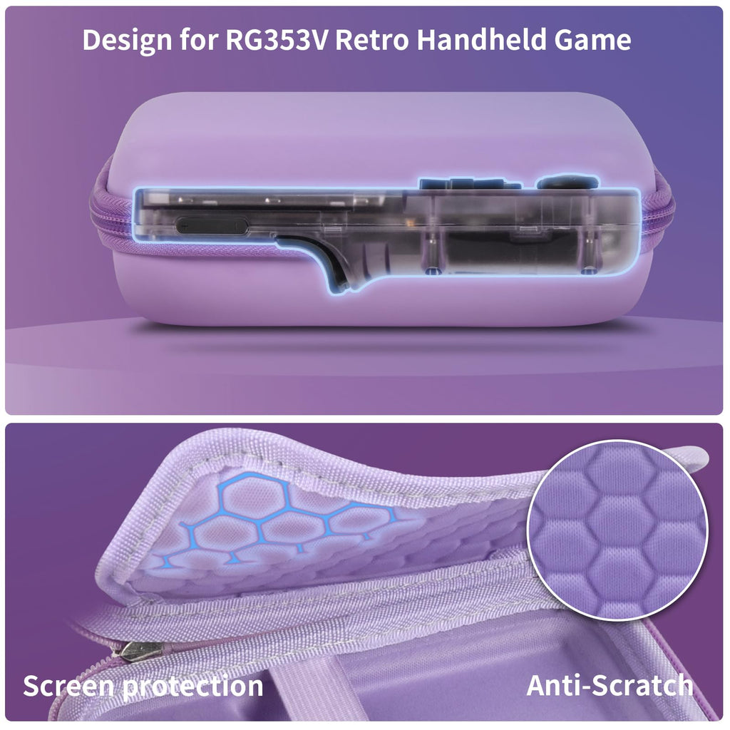 Lavender retro handheld console carrying case protective molded shell and scratch-resistant lining detail