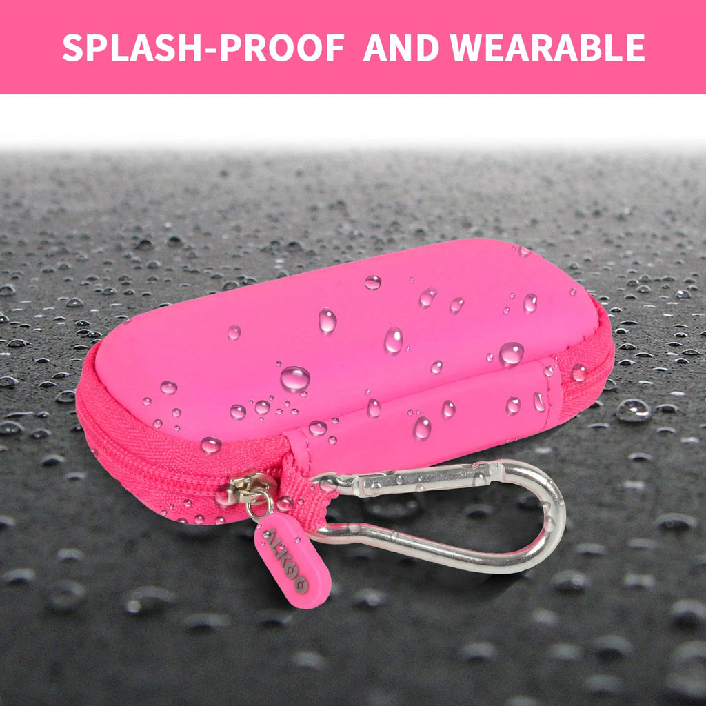 Hot pink USB flash drive and SD card storage case splash-resistant exterior demonstration