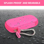 Hot pink USB flash drive and SD card storage case splash-resistant exterior demonstration
