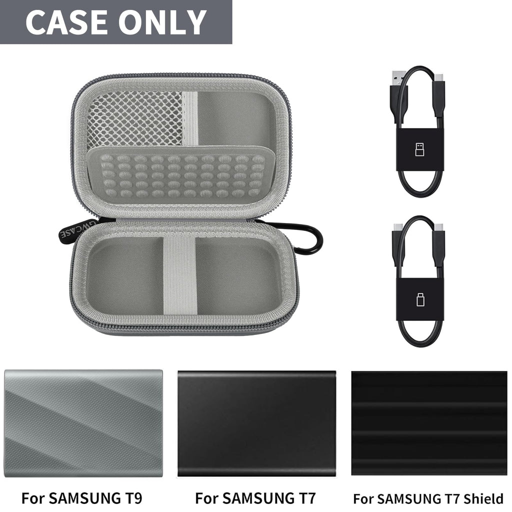 Open gray Samsung T7 and T9 portable SSD case with mesh pocket and elastic straps; case only