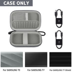 Open gray Samsung T7 and T9 portable SSD case with mesh pocket and elastic straps; case only