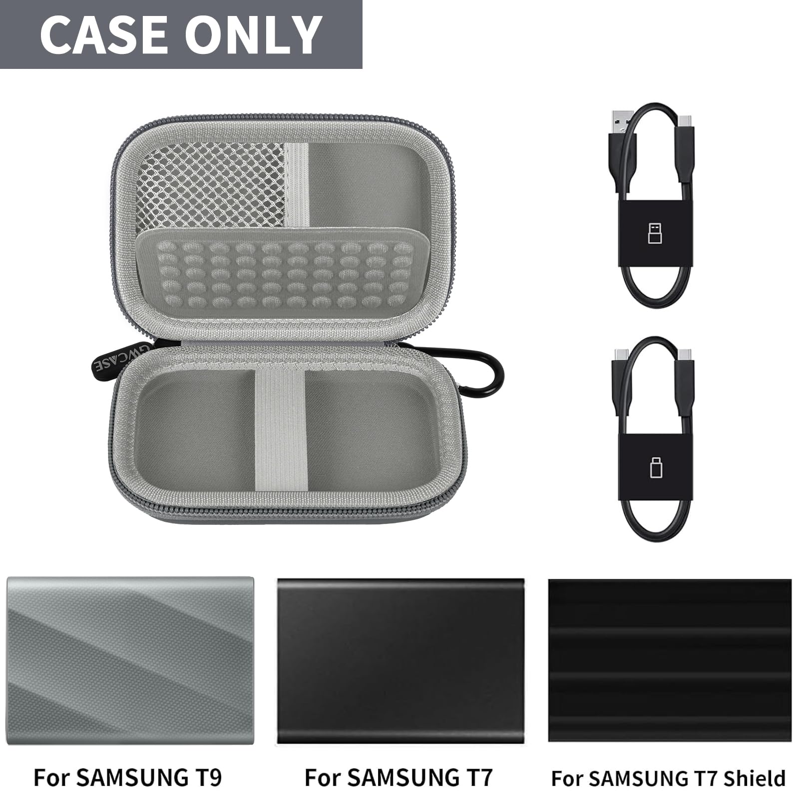 Open gray Samsung T7 and T9 portable SSD case with mesh pocket and elastic straps; case only
