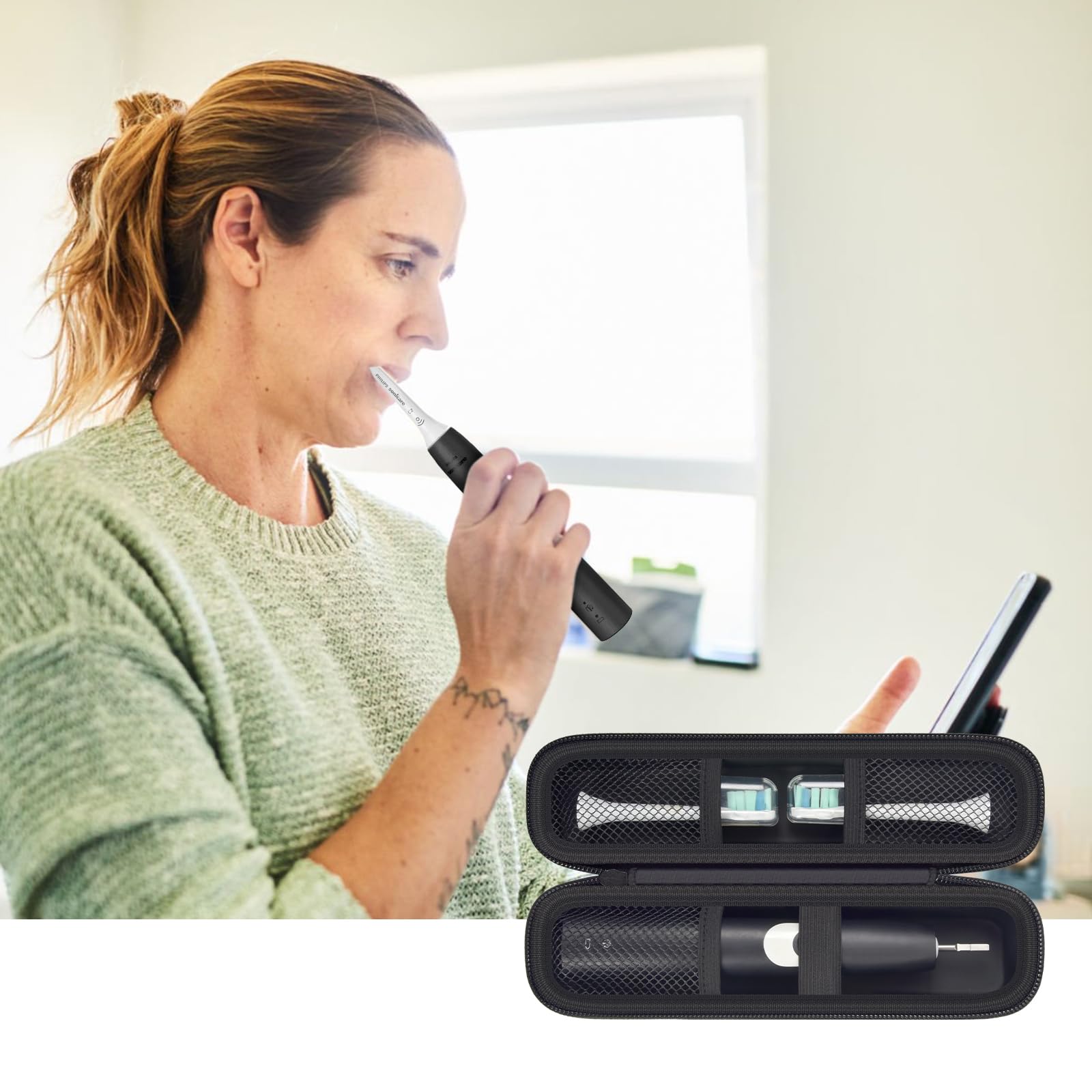 Woman using an electric toothbrush with accessories organized in the black case
