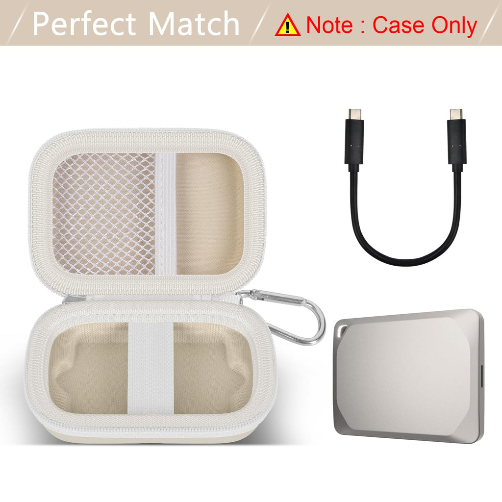 Open ivory Crucial X9 and X10 portable SSD case with mesh cable pocket and elastic strap; case only