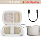 Open ivory Crucial X9 and X10 portable SSD case with mesh cable pocket and elastic strap; case only