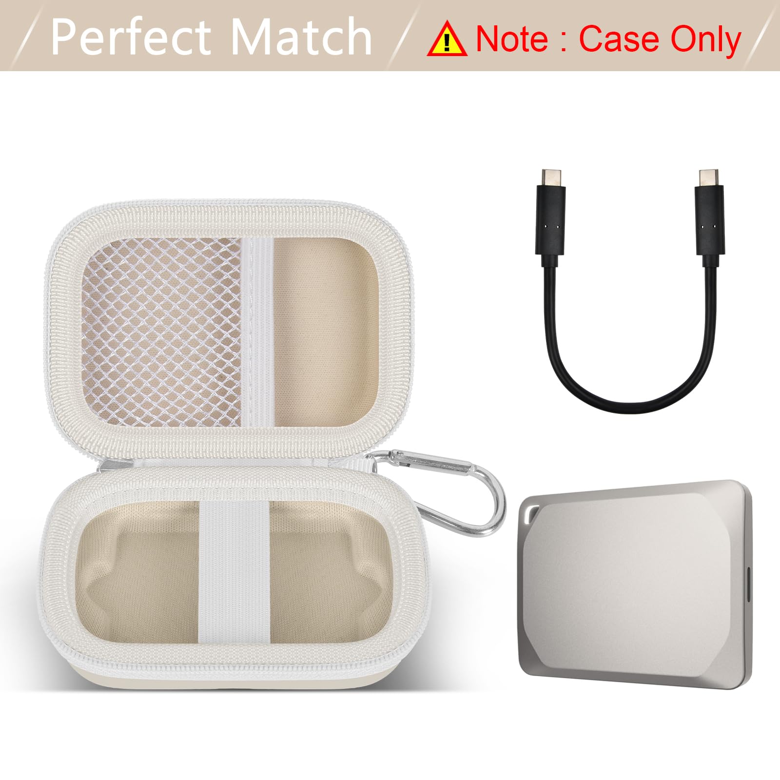 Open ivory Crucial X9 and X10 portable SSD case with mesh cable pocket and elastic strap; case only