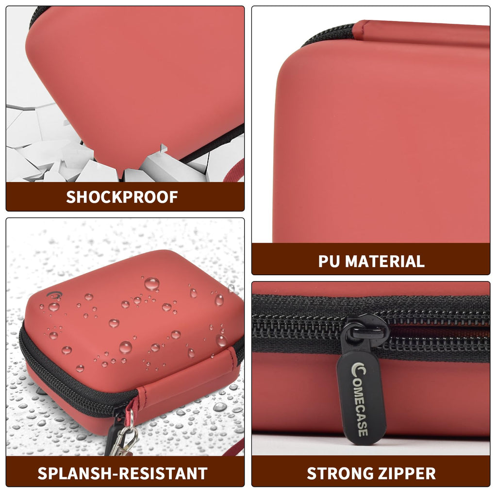 Coral and brown camera case with shockproof PU shell, splash resistance, and strong zipper