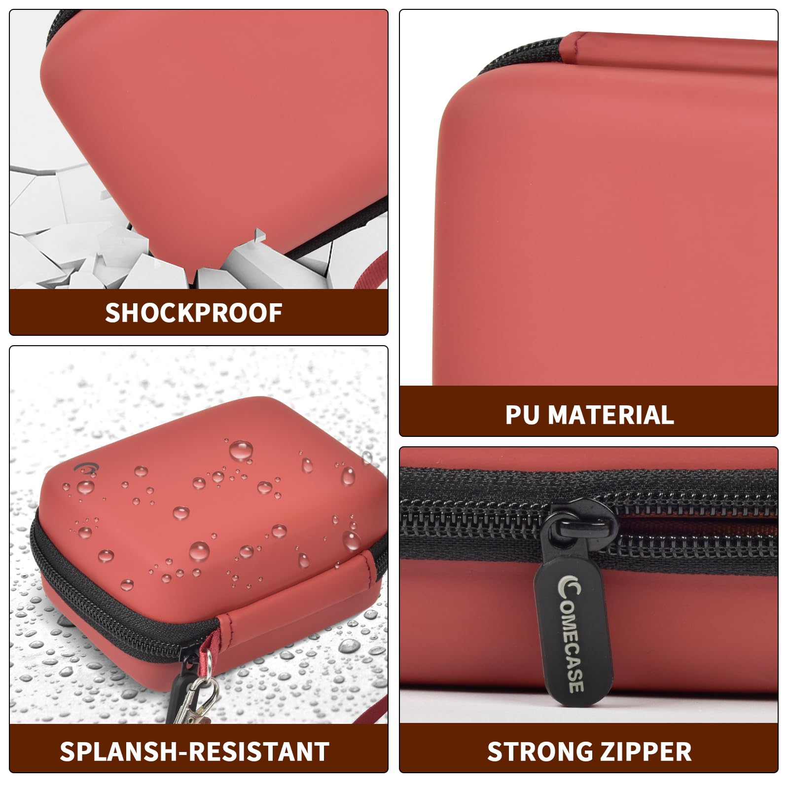 Coral and brown camera case with shockproof PU shell, splash resistance, and strong zipper