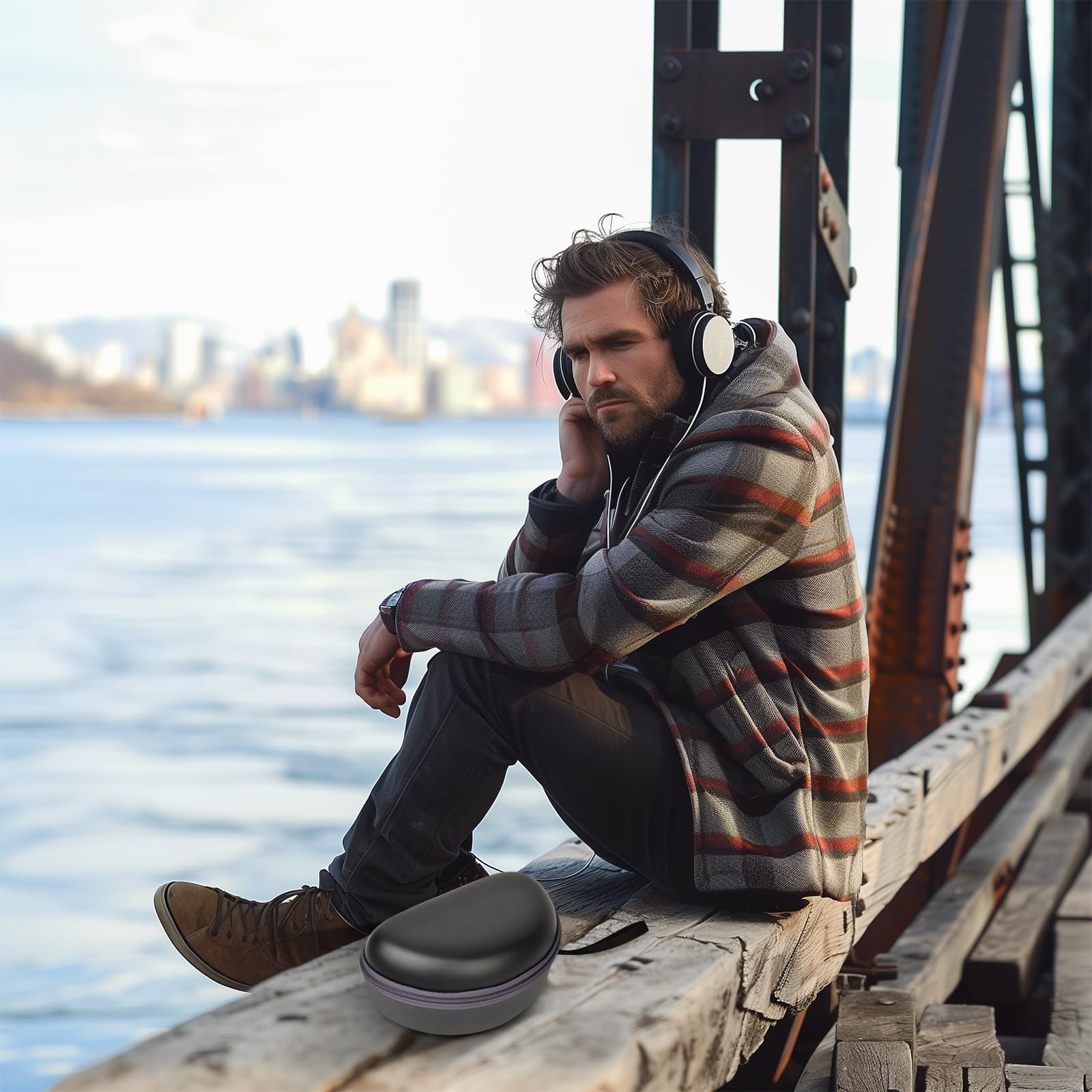 Man wearing headphones beside the open black travel case at a waterfront