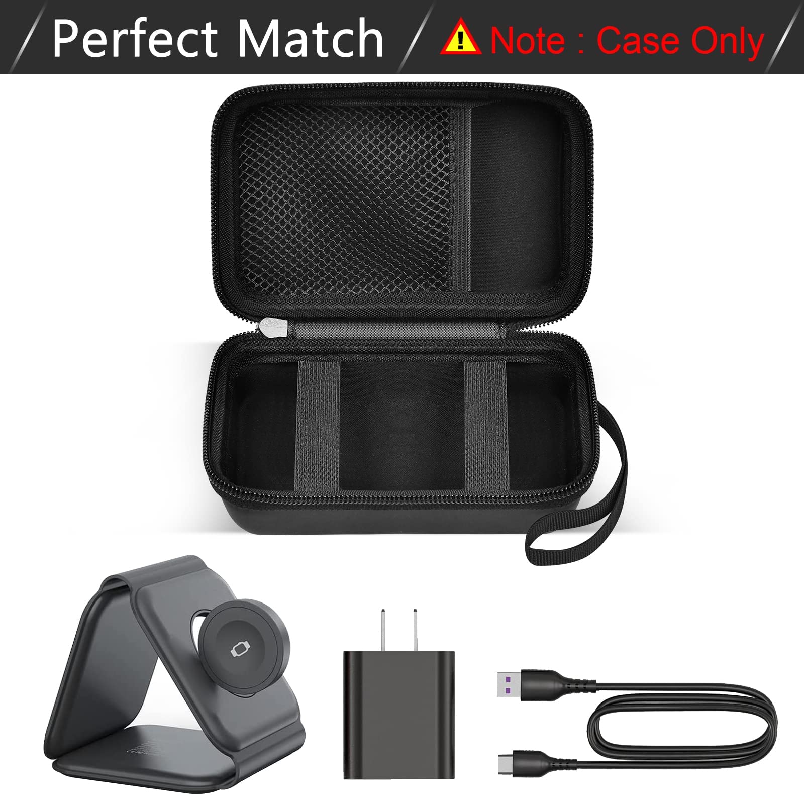 Open black travel case fitted for a foldable 3-in-1 magnetic charging station; case only