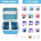 Blue kids instant print camera case shown open beside a compatible kids instant print camera and accessories