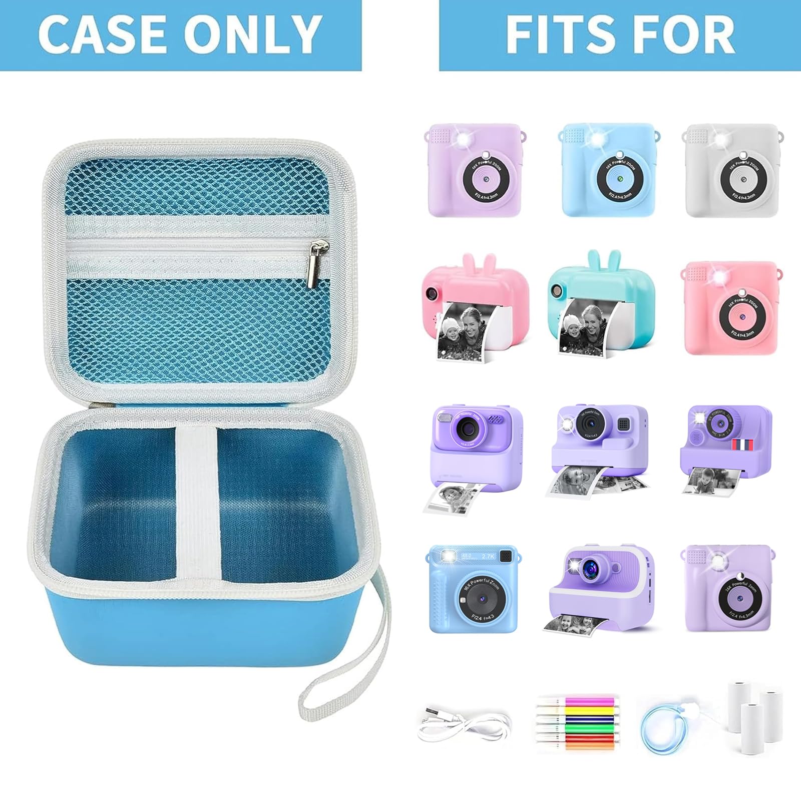 Blue kids instant print camera case shown open beside a compatible kids instant print camera and accessories