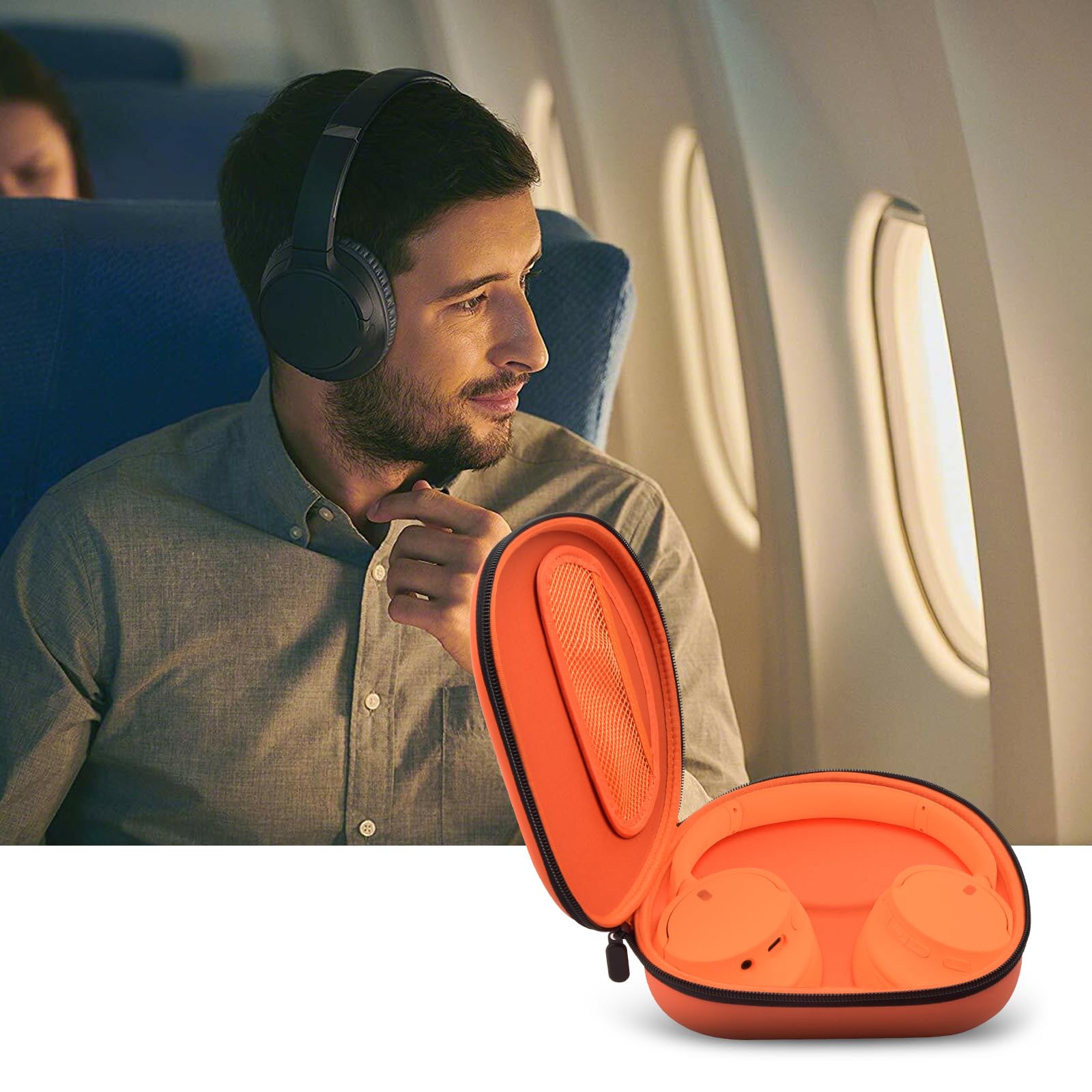 Traveler using headphones beside the open orange carrying case on an airplane