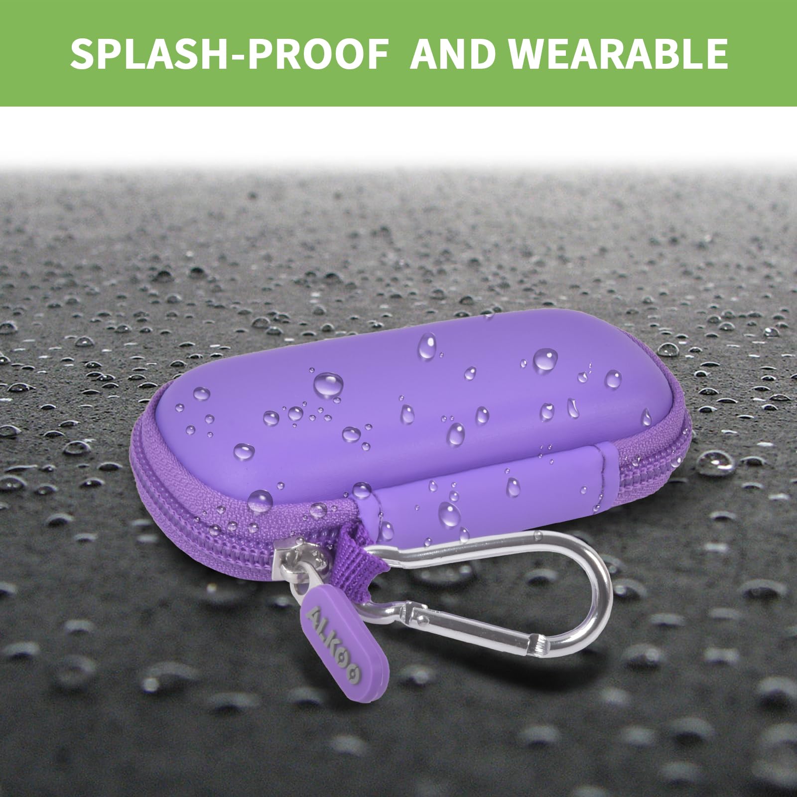 Purple USB flash drive and SD card storage case splash-resistant exterior demonstration