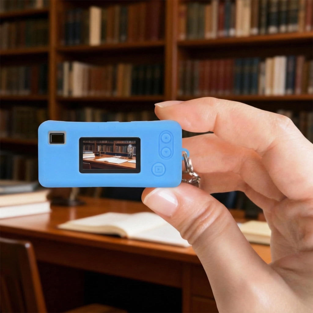 Light blue silicone case for Kodak Charmera keychain camera shown on the camera while taking a photo indoors