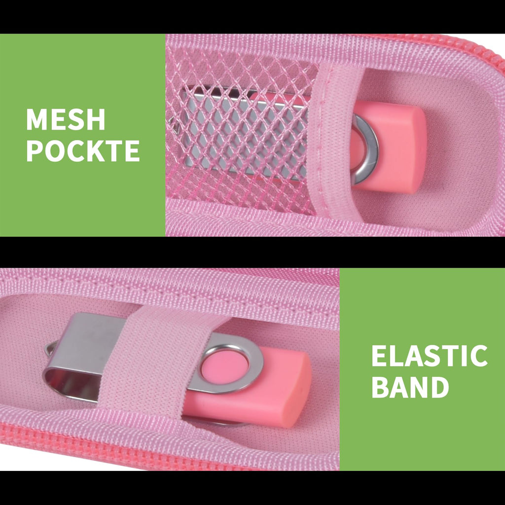 Light pink USB flash drive and SD card storage case mesh pocket and elastic strap interior