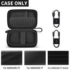 Open black Samsung T7 and T9 portable SSD case with mesh pocket and elastic straps; case only