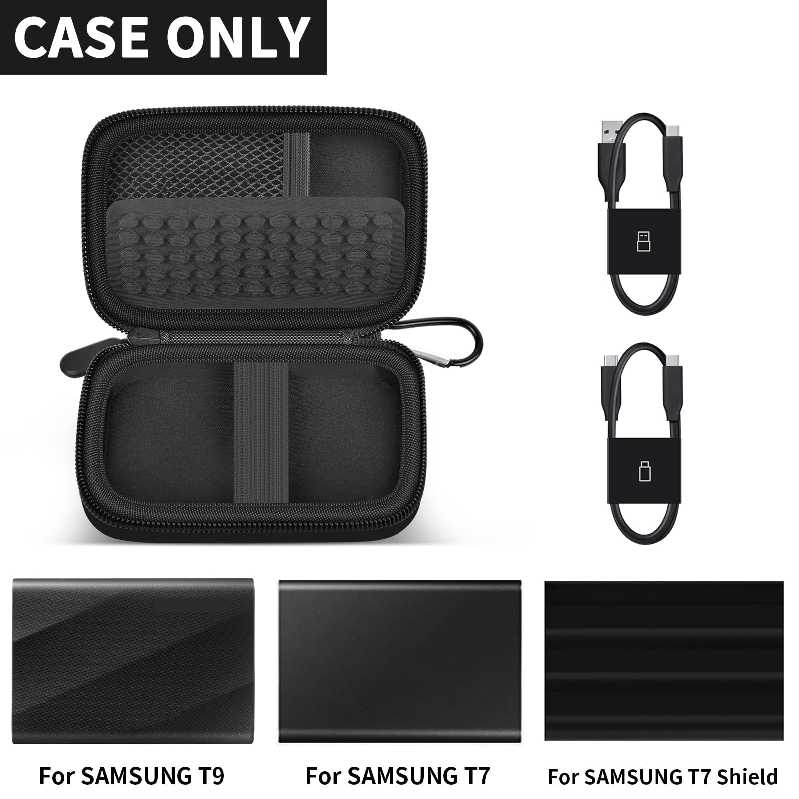 Open black Samsung T7 and T9 portable SSD case with mesh pocket and elastic straps; case only