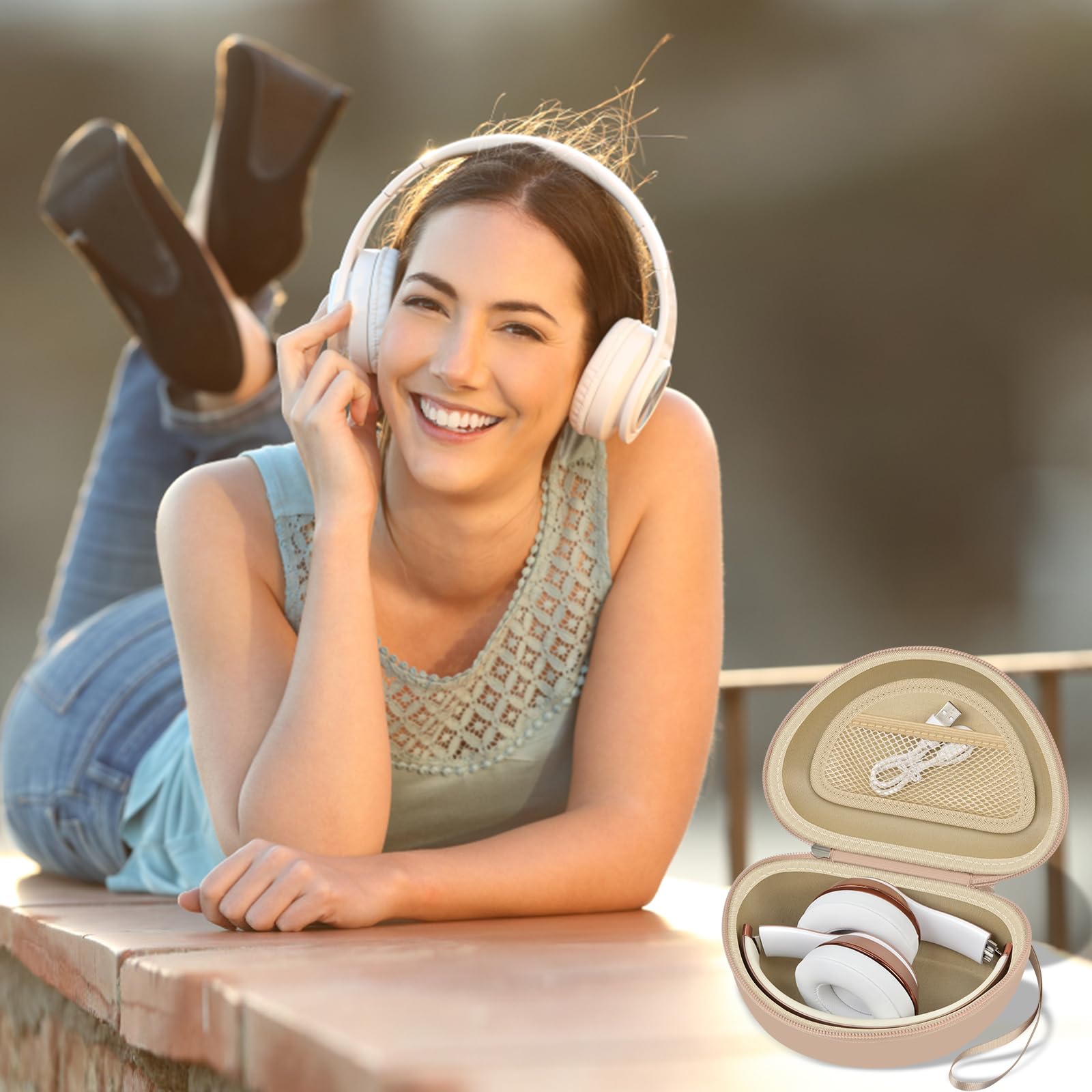 Woman wearing headphones beside the open beige carrying case
