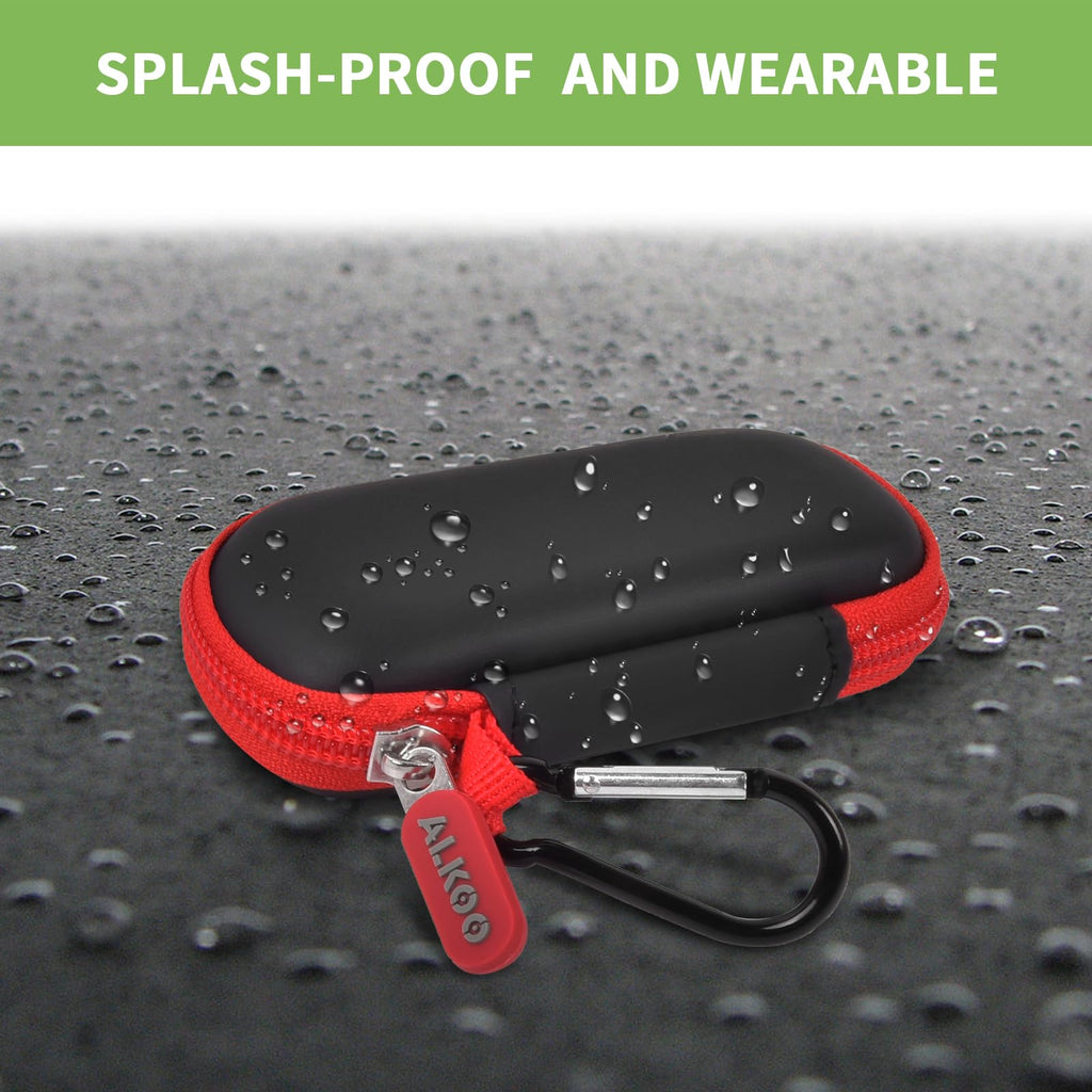 Black and red USB flash drive and SD card storage case splash-resistant exterior demonstration