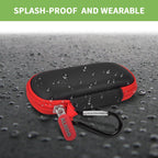 Black and red USB flash drive and SD card storage case splash-resistant exterior demonstration