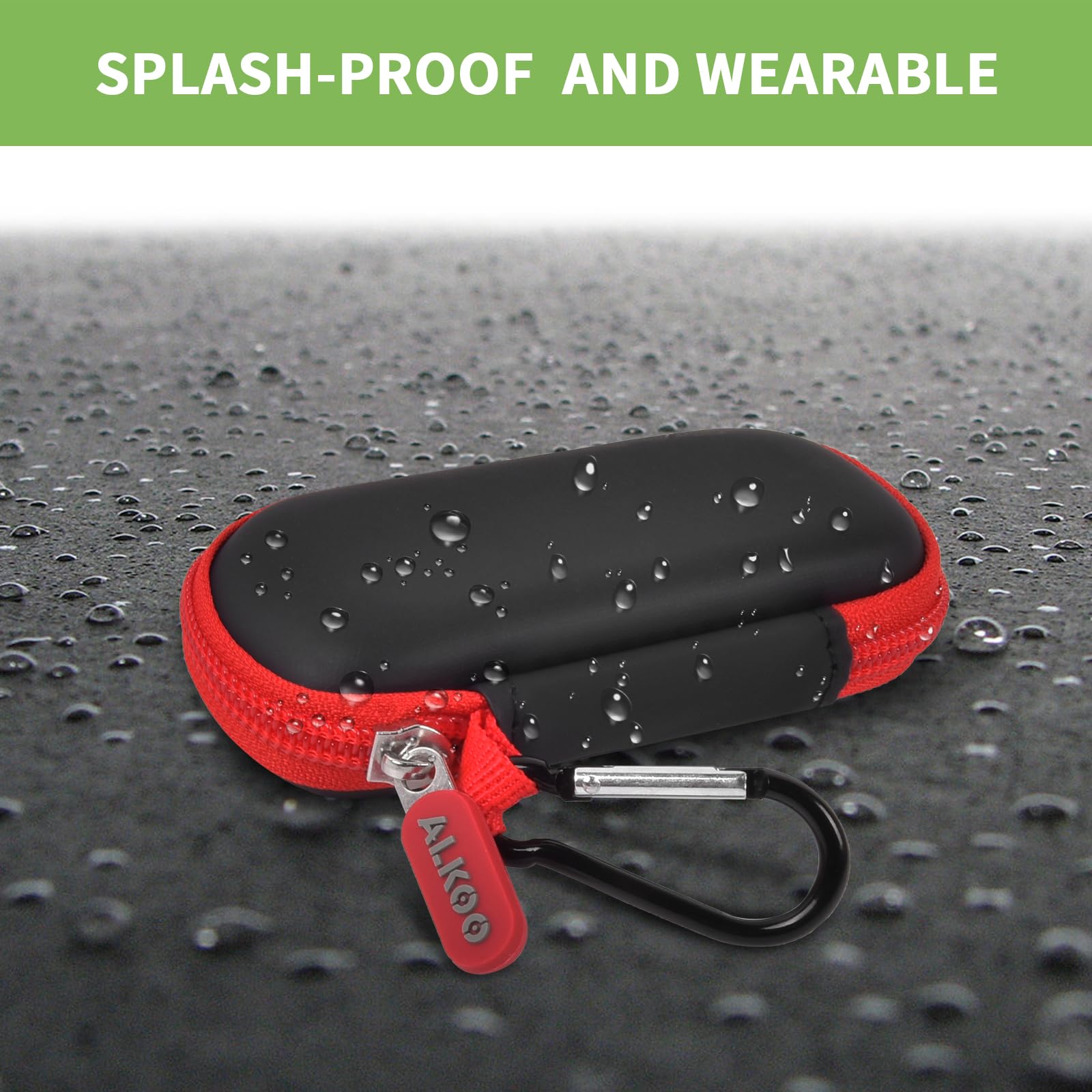Black and red USB flash drive and SD card storage case splash-resistant exterior demonstration
