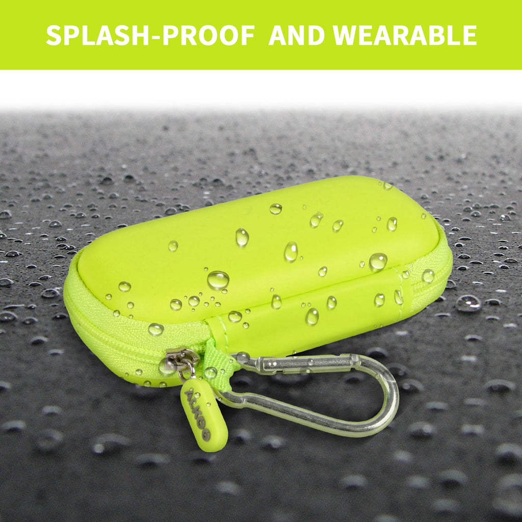 Neon green USB flash drive and SD card storage case splash-resistant exterior demonstration