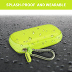 Neon green USB flash drive and SD card storage case splash-resistant exterior demonstration