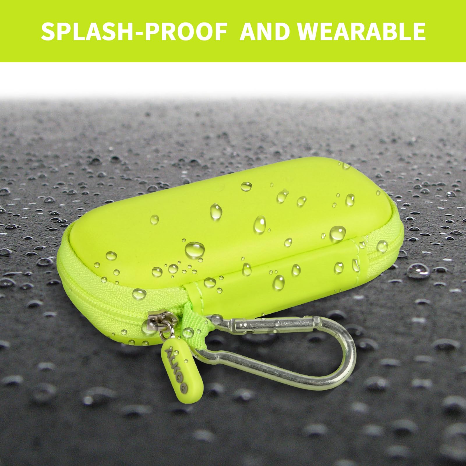 Neon green USB flash drive and SD card storage case splash-resistant exterior demonstration