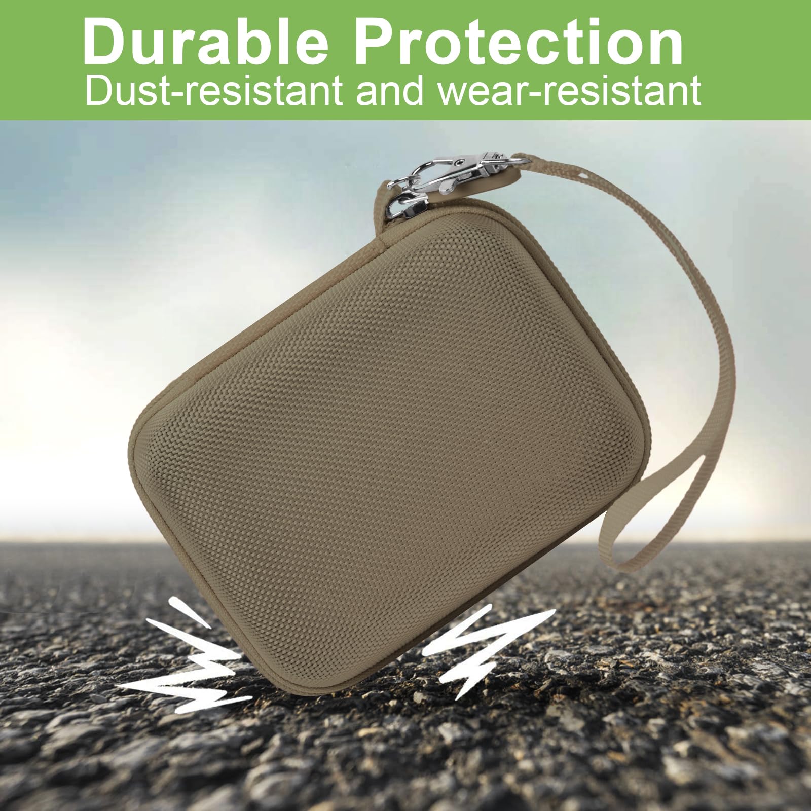 Khaki protective digital camera case dust- and wear-resistant protection demonstration