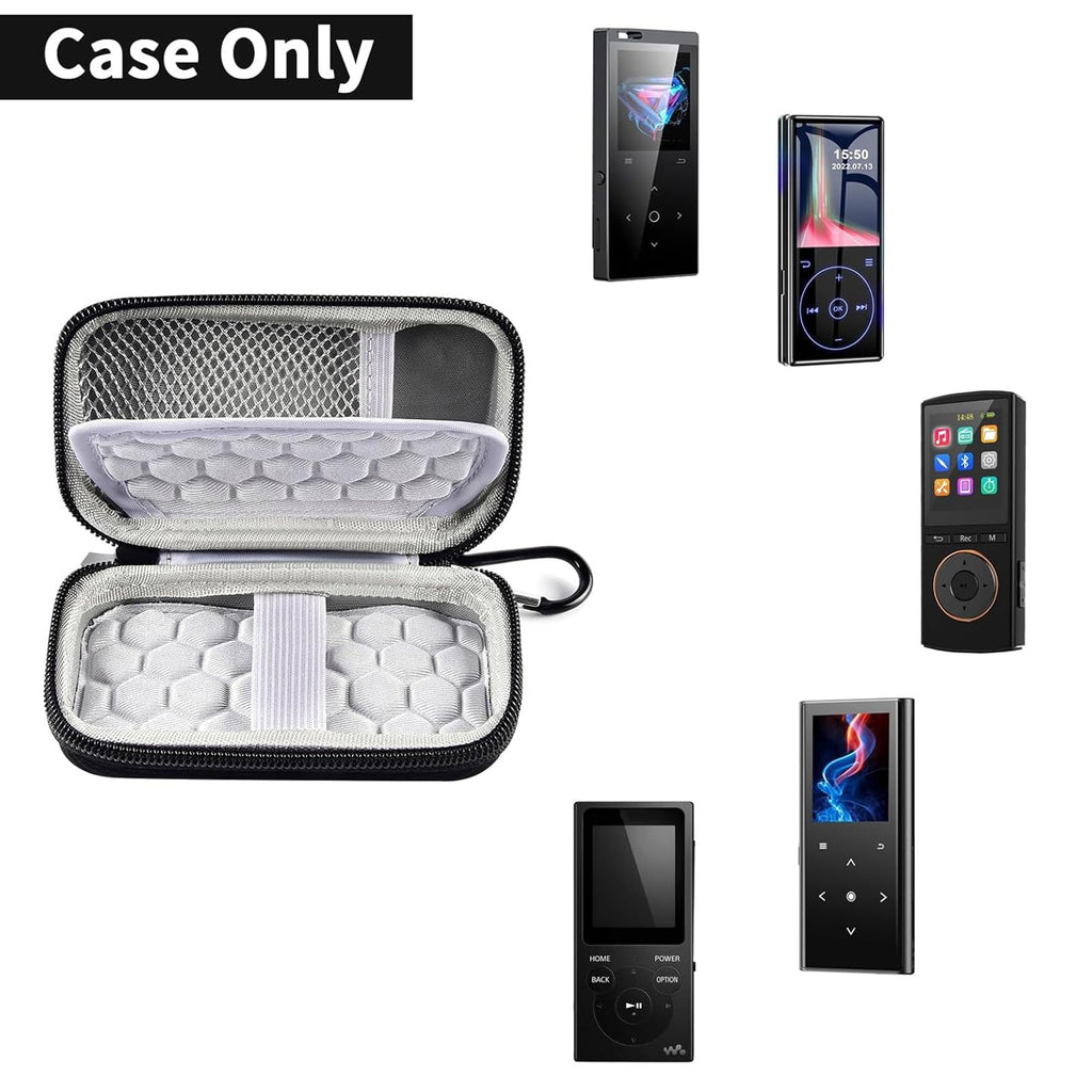 Open black MP3 and MP4 player case shown with compatible music players; case only
