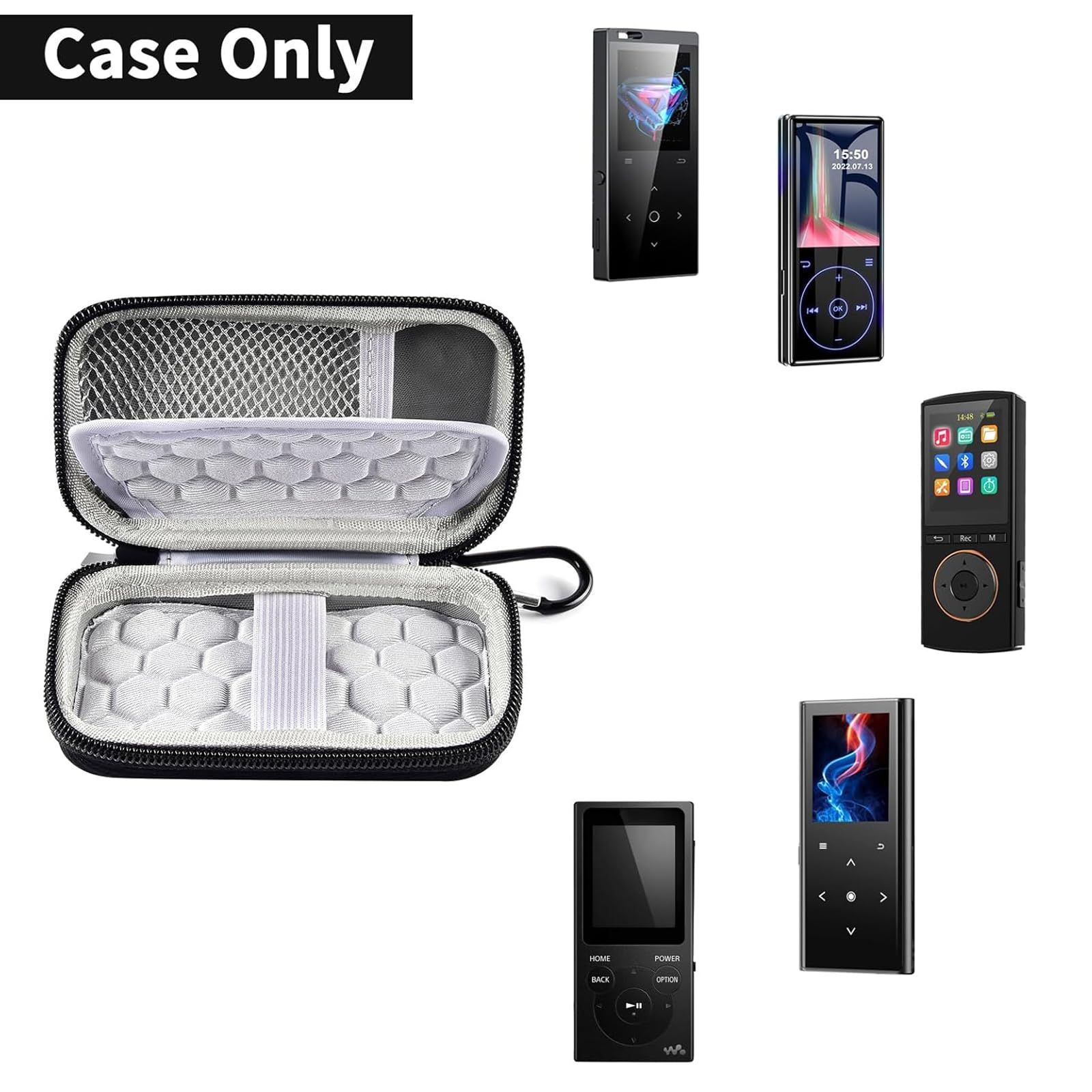 Open black MP3 and MP4 player case shown with compatible music players; case only
