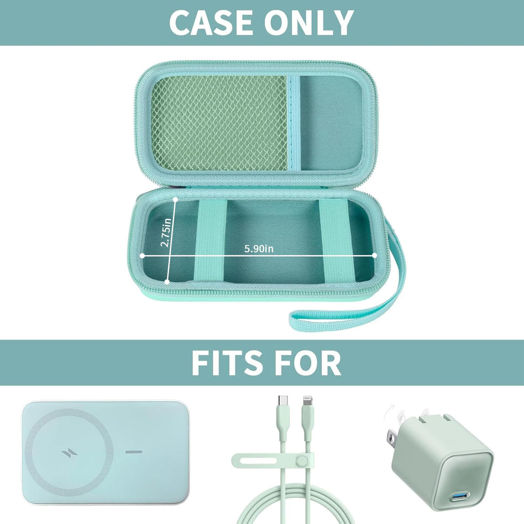 Open mint green MagSafe power bank case with mesh pocket and elastic retaining straps; case only