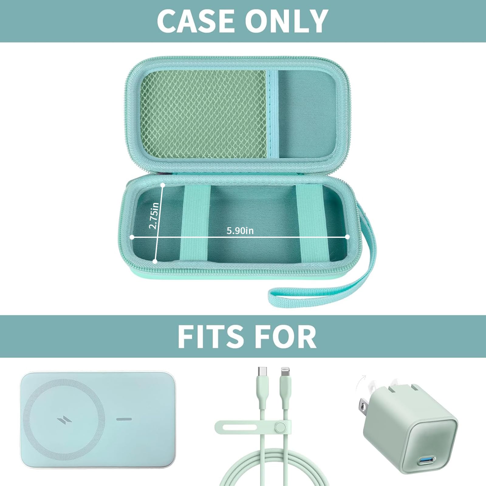 Open mint green MagSafe power bank case with mesh pocket and elastic retaining straps; case only