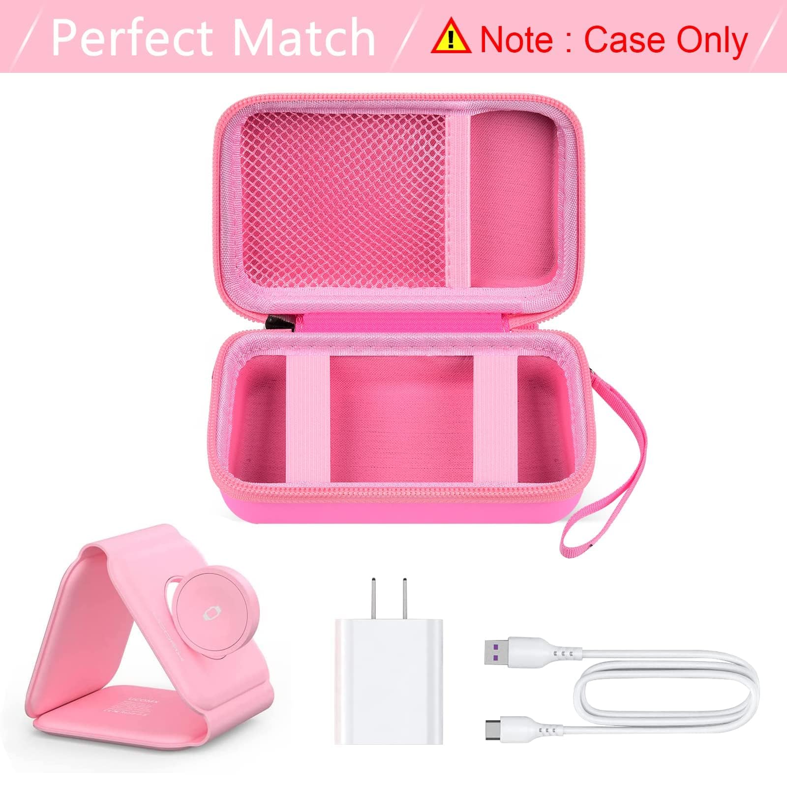Open pink travel case fitted for a foldable 3-in-1 magnetic charging station; case only