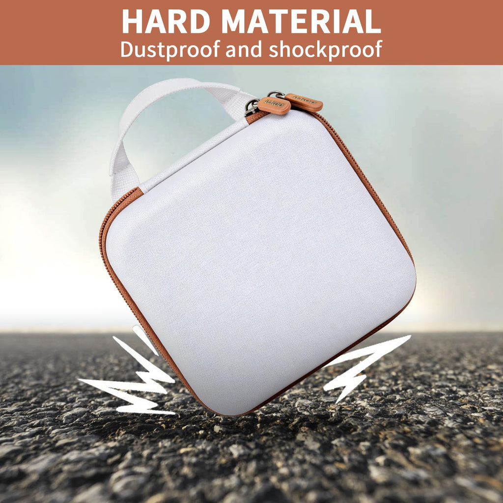 White and tan NIIMBOT printer case demonstrating dustproof and shockproof hard-shell protection