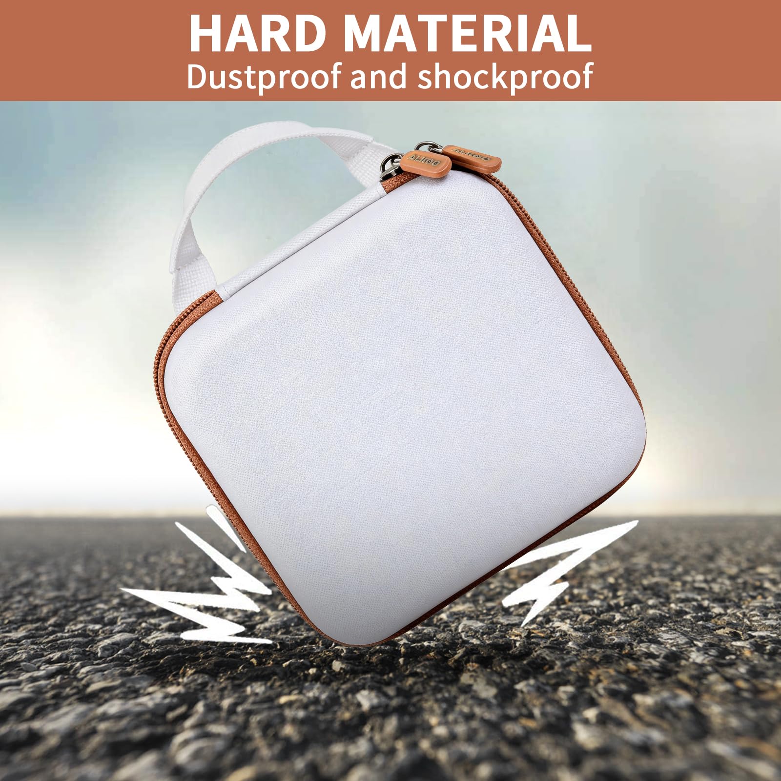White and tan NIIMBOT printer case demonstrating dustproof and shockproof hard-shell protection