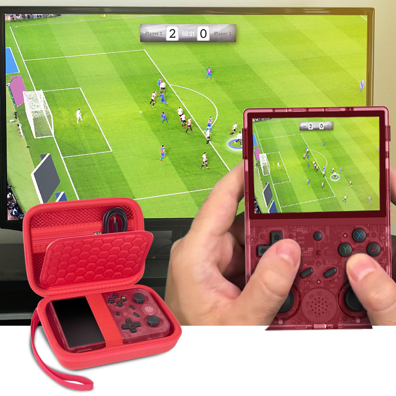 Red retro handheld console carrying case shown open beside a handheld console during gameplay