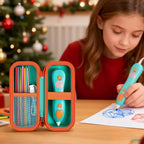 Girl using a 3D printing pen beside the open teal and orange organizer