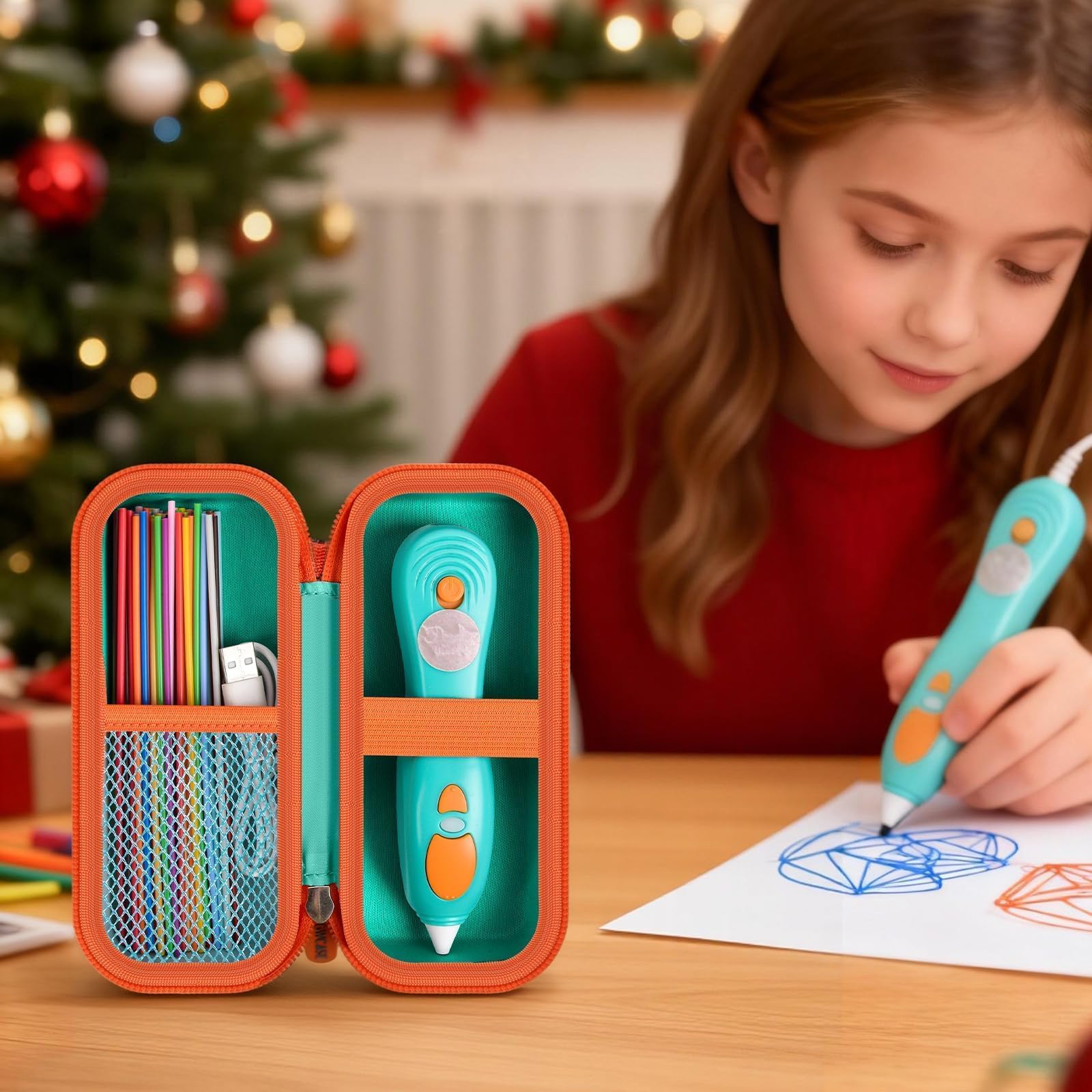 Girl using a 3D printing pen beside the open teal and orange organizer