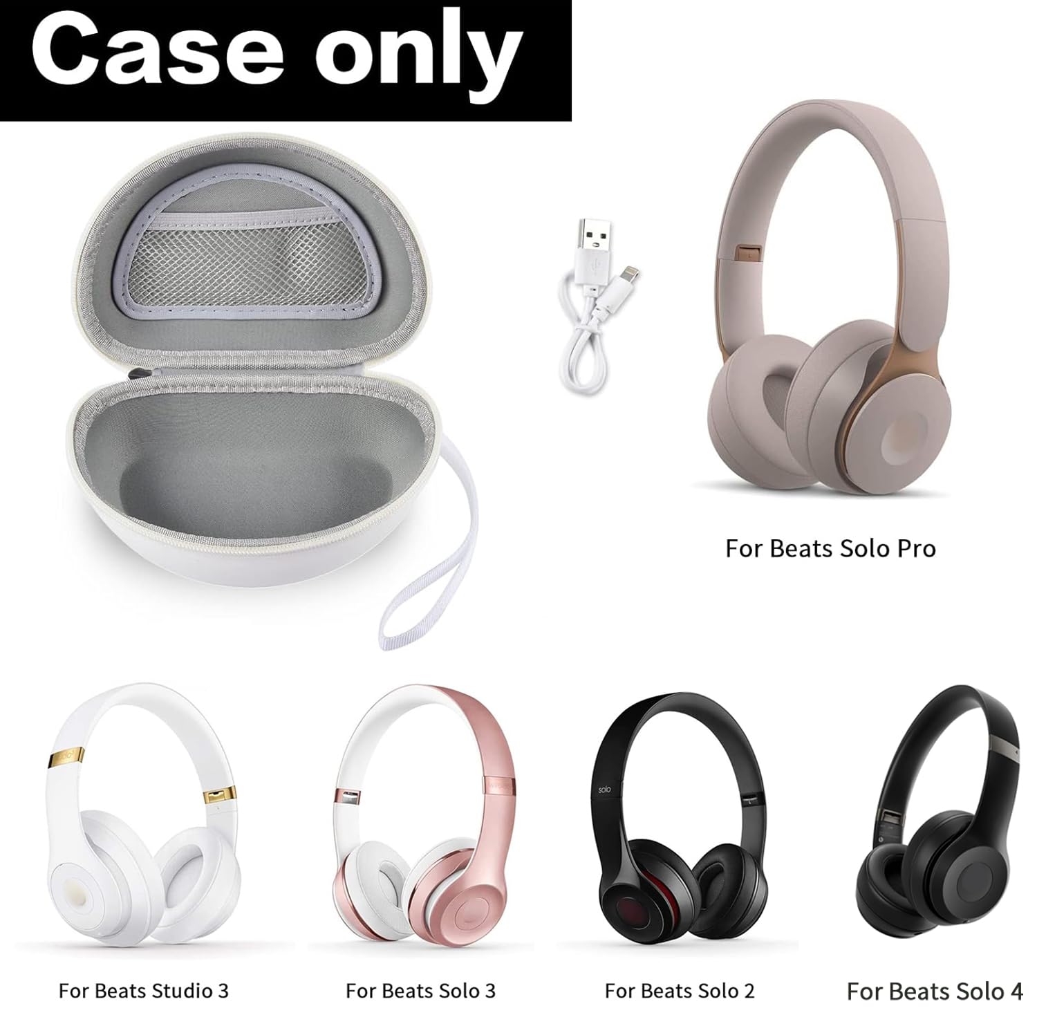 Open white foldable headphone case shown with compatible Beats Solo and Studio headphones; case only