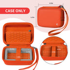 Open orange camera case with internal dimensions and wrist strap; case only