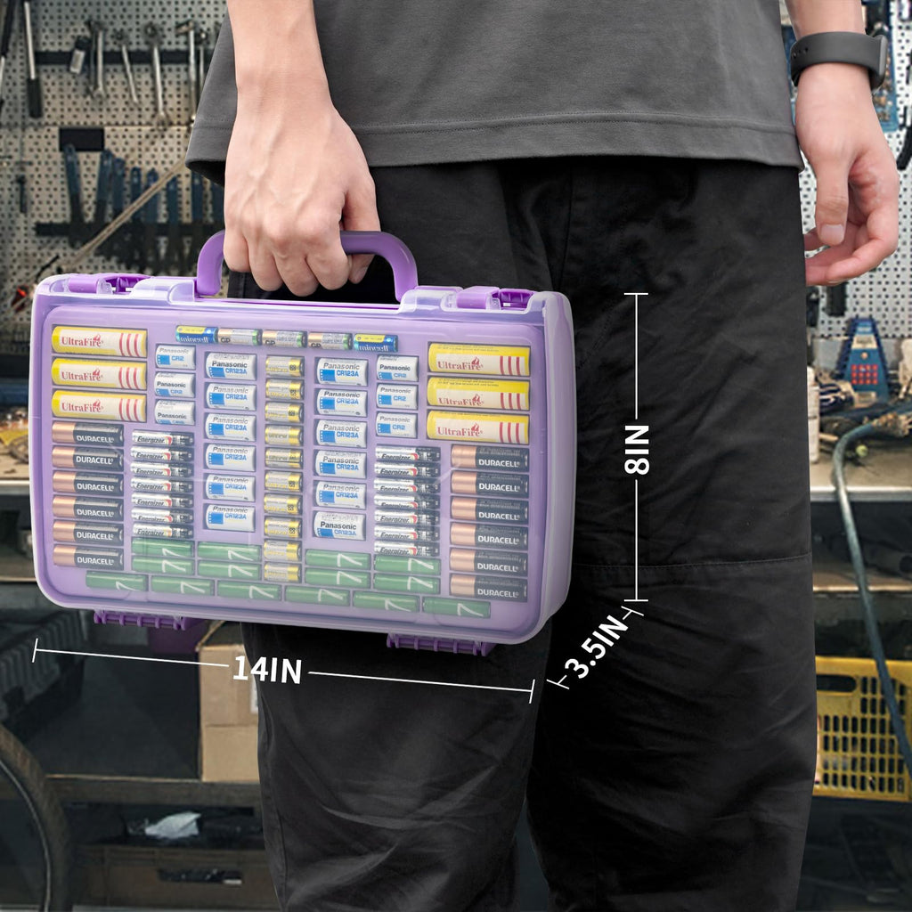 Purple 269-slot battery organizer case carried by the handle with case dimensions shown