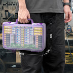 Purple 269-slot battery organizer case carried by the handle with case dimensions shown