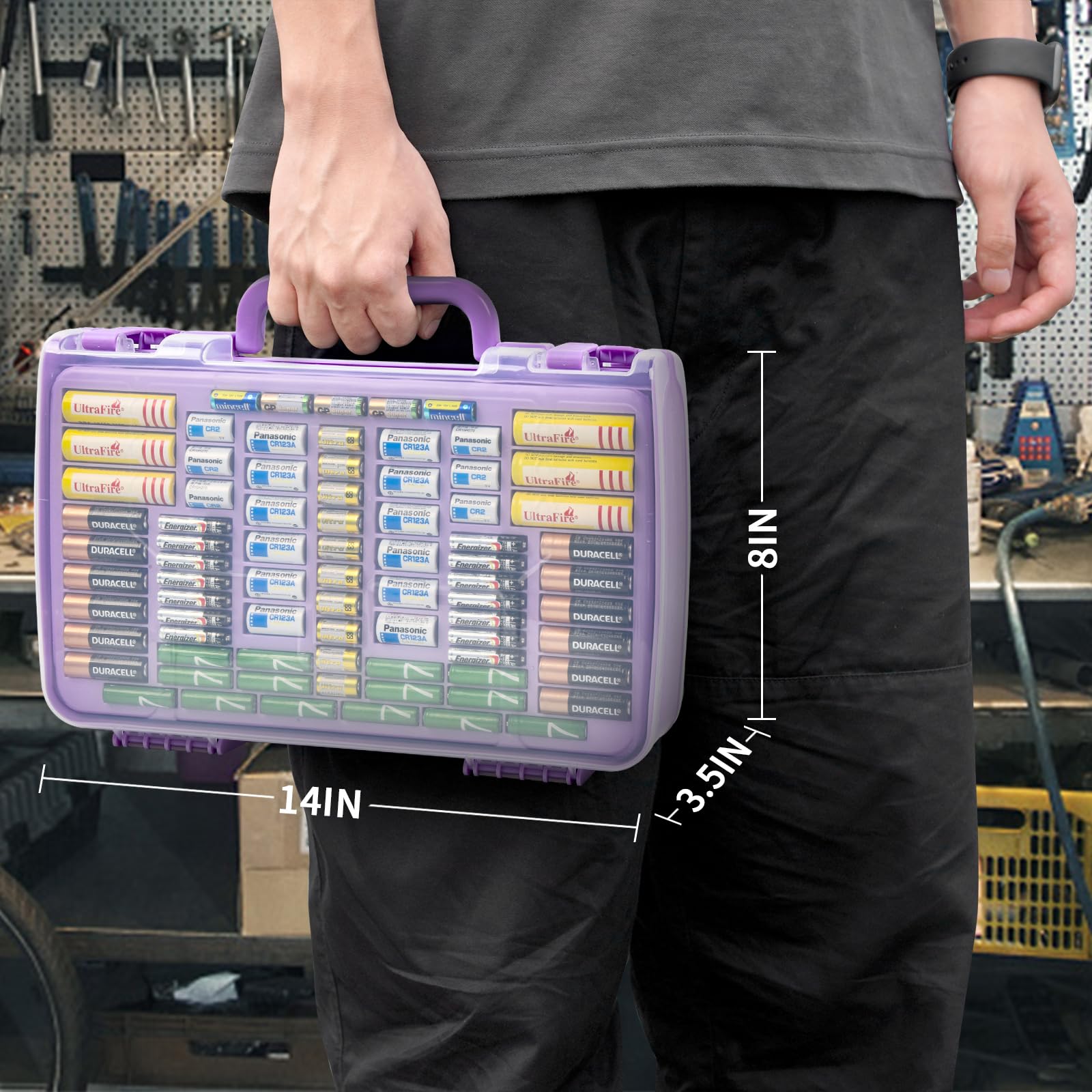 Purple 269-slot battery organizer case carried by the handle with case dimensions shown