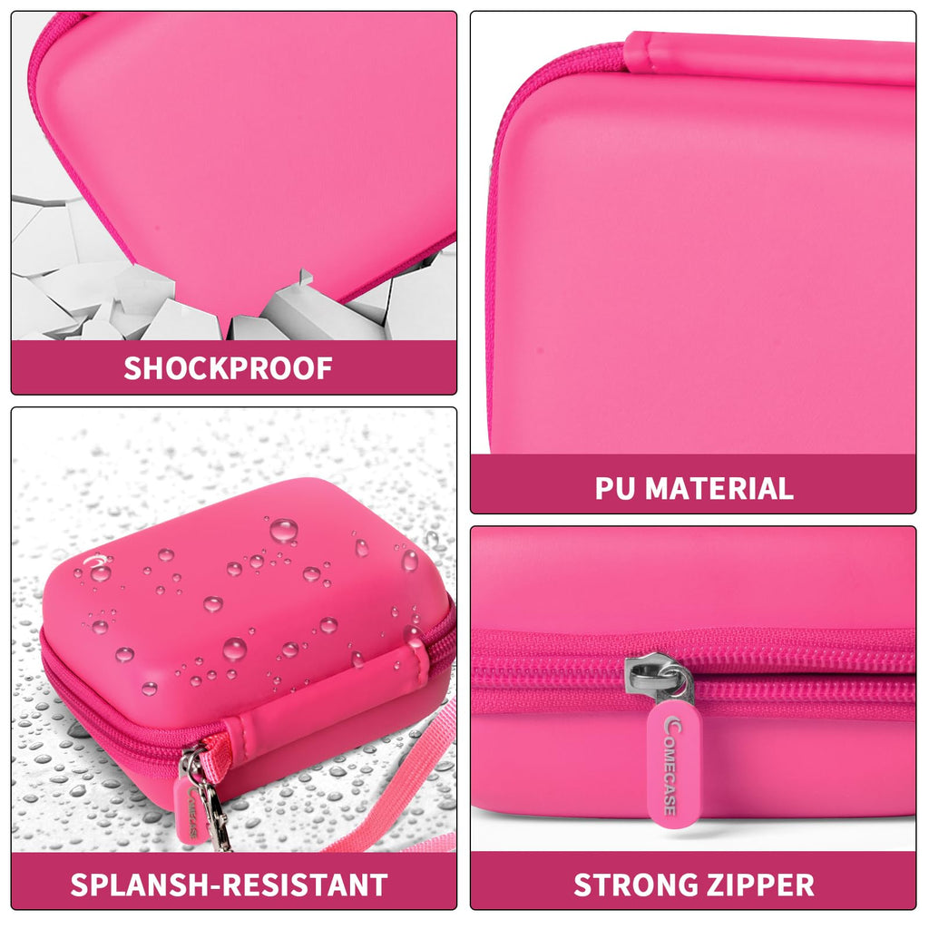 Bright pink camera case with shockproof PU shell, splash resistance, and strong zipper
