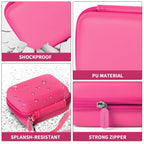 Bright pink camera case with shockproof PU shell, splash resistance, and strong zipper
